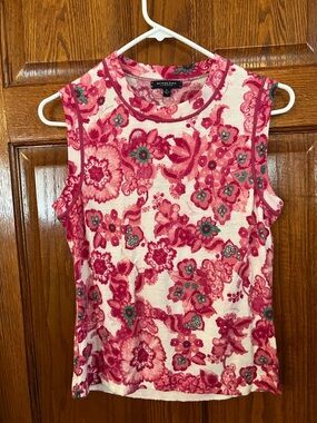 Burberry London Pink Floral Print Sleeveless Pullover 100% Ex Fine Merino Wool